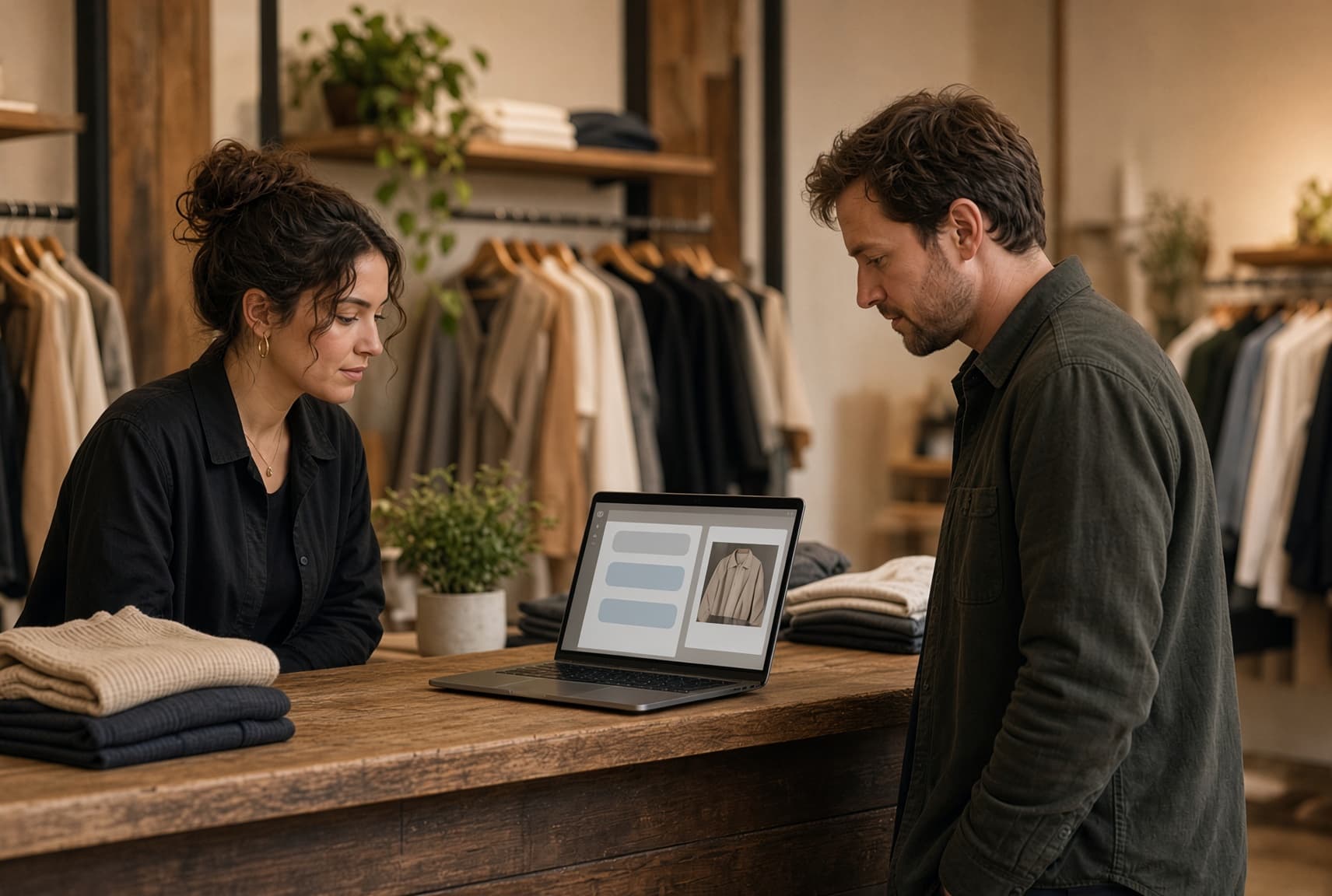 The conversation at the counter, with the catalog still on the rack behind it